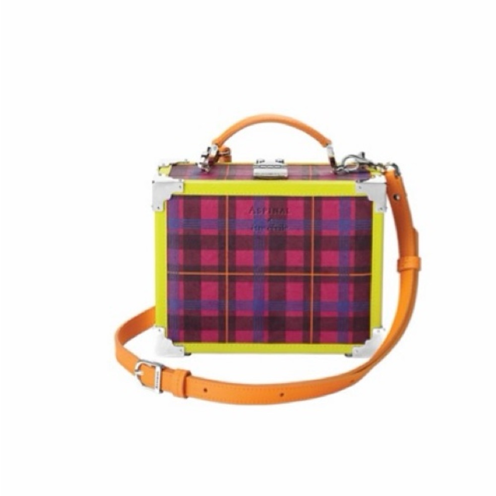Aspinal of London Plaid Box Crossbody Bag with Orange Strap